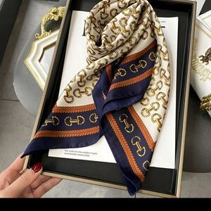 Square Scarf Blue Edge Golden Buckles Printed, Silky Style Neck Scarf